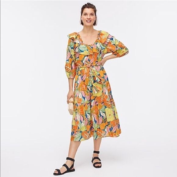 💜 J.Crew Midi Dress in Tropical Floral Print with Ruffle Collar and Belt - Picture 3 of 5